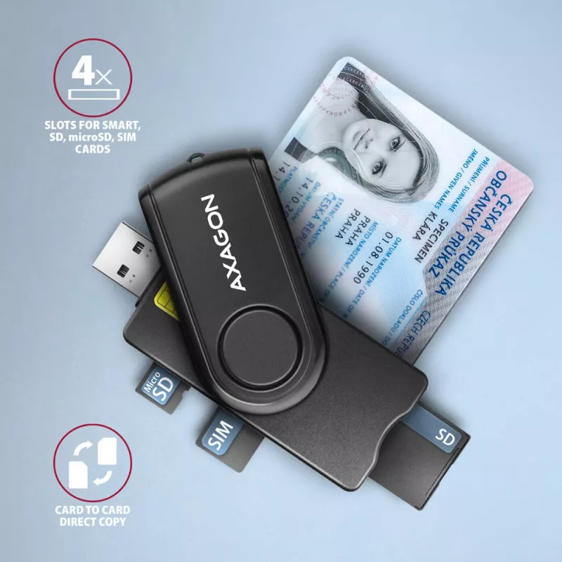 Axagon CRE-SMP2A USB Smart card & SD/microSD/SIM PocketReader kortelių skaitytuvas, vidaus, USB Type-A/USB Type-C, juoda
