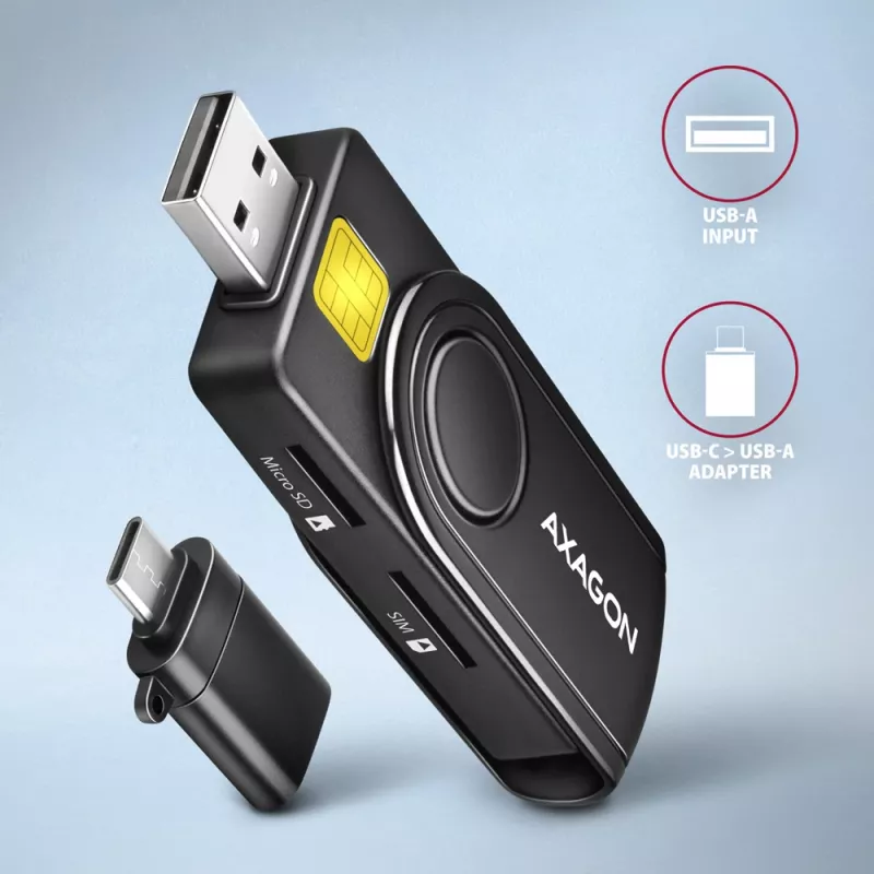 Axagon CRE-SMP2A USB Smart card & SD/microSD/SIM PocketReader kortelių skaitytuvas, vidaus, USB Type-A/USB Type-C, juoda