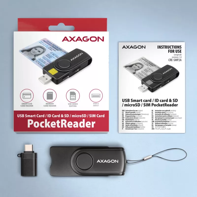 Axagon CRE-SMP2A USB Smart card & SD/microSD/SIM PocketReader kortelių skaitytuvas, vidaus, USB Type-A/USB Type-C, juoda