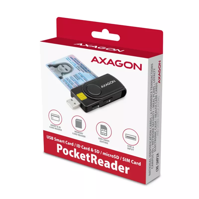 Axagon CRE-SMP2A USB Smart card & SD/microSD/SIM PocketReader kortelių skaitytuvas, vidaus, USB Type-A/USB Type-C, juoda