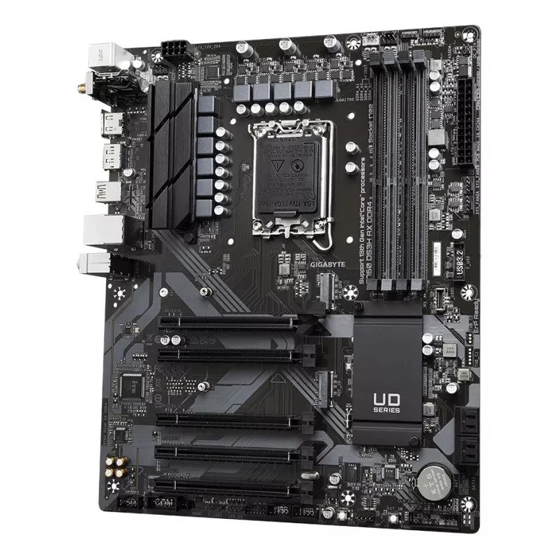 GIGABYTE B760 DS3H AX DDR4 pagrindinė plokštė – palaiko Intel Core 14 kartos procesorius, 8+2+1 fazių skaitmeninis VRM, iki 5333MHz DDR4 (OC), 2xPCIe 4.0 M.2, Wi-Fi 6E, GbE LAN, USB 3.2 Gen 2