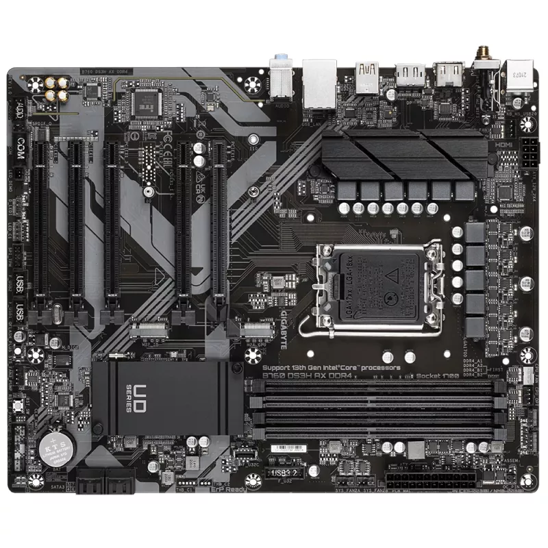 GIGABYTE B760 DS3H AX DDR4 pagrindinė plokštė – palaiko Intel Core 14 kartos procesorius, 8+2+1 fazių skaitmeninis VRM, iki 5333MHz DDR4 (OC), 2xPCIe 4.0 M.2, Wi-Fi 6E, GbE LAN, USB 3.2 Gen 2