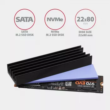Axagon CLR-M2L10 Pasyvus aliumininis radiatorius visiems M.2 SSD, dydis 2280, aukštis 10 mm.