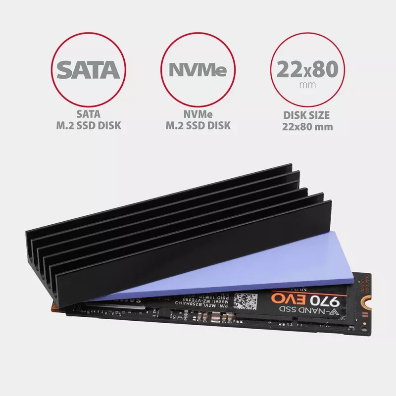 Axagon CLR-M2L10 Pasyvus aliumininis radiatorius visiems M.2 SSD, dydis 2280, aukštis 10 mm.