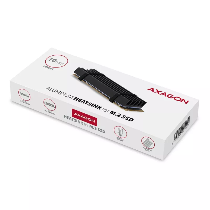 Axagon CLR-M2L10 Pasyvus aliumininis radiatorius visiems M.2 SSD, dydis 2280, aukštis 10 mm.
