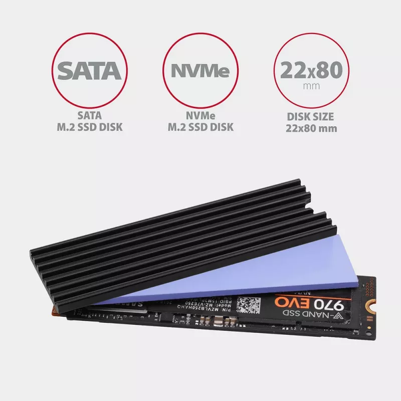 Axagon CLR-M2L3 Passyvus aliumininis aušinimo radiatorius visiems M.2 SSD, dydis 2280, aukštis 3 mm