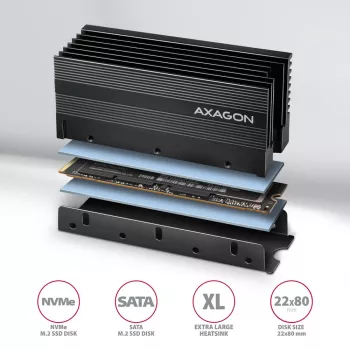 Axagon CLR-M2XL pasyvus aliuminio radiatorius vienpusiams ir dvipusiams M.2 SSD diskams, dydis 2280, aukštis 36 mm