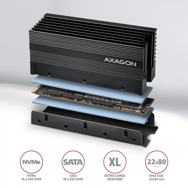 Axagon CLR-M2XL pasyvus aliuminio radiatorius vienpusiams ir dvipusiams M.2 SSD diskams, dydis 2280, aukštis 36 mm