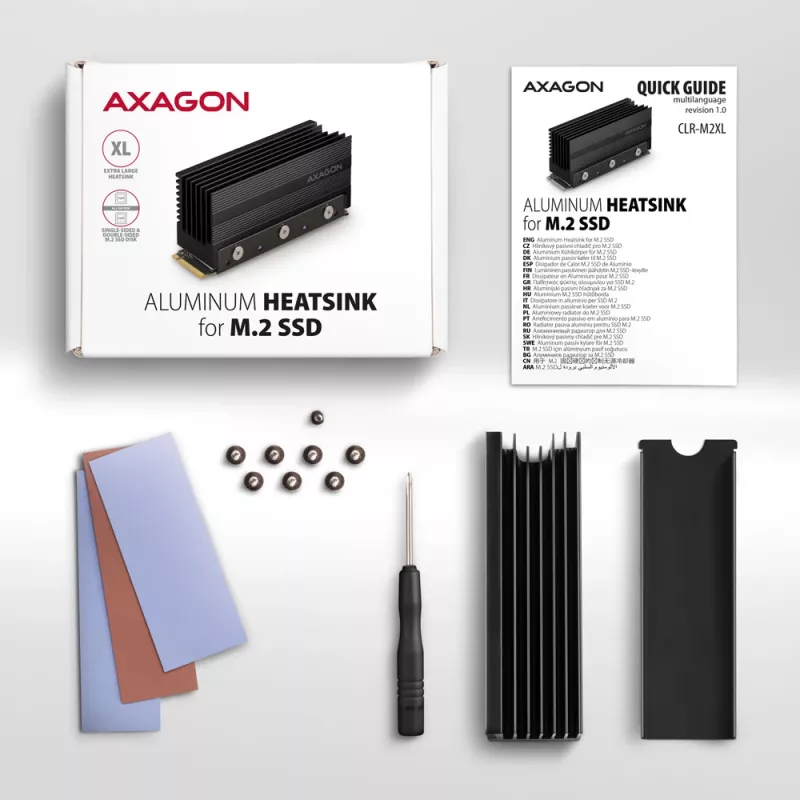 Axagon CLR-M2XL pasyvus aliuminio radiatorius vienpusiams ir dvipusiams M.2 SSD diskams, dydis 2280, aukštis 36 mm