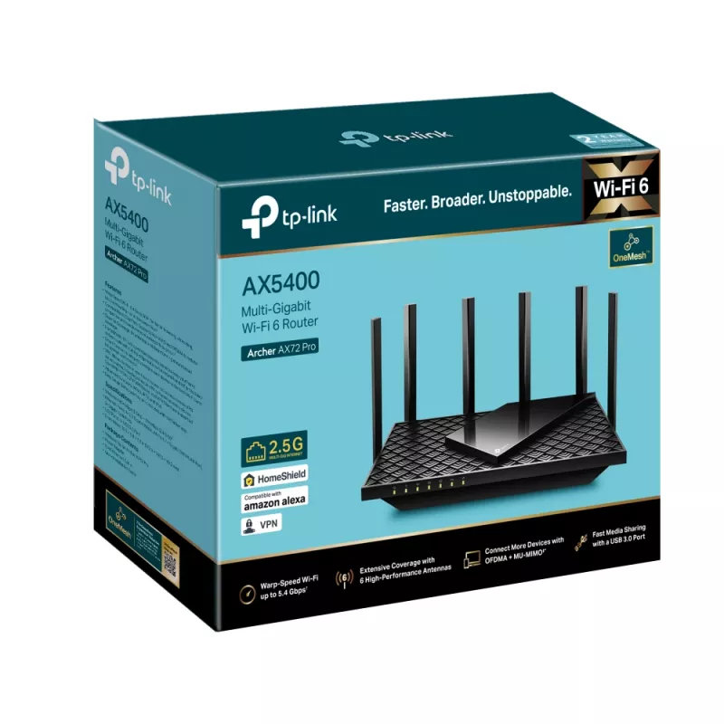 TP-Link Archer AX5400 Multi-Gigabit WiFi 6 maršrutizatorius, Wi-Fi 6 (802.11ax), Dviejų juostų (2,4 GHz / 5 GHz), Ethernet LAN, Juodas, Stalinis / ant stiebo maršrutizatorius
