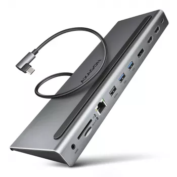 Docking stotelė Axagon HMC-4KX3 USB-C 5Gbps šakotuvas, 3x USB-A, 2x HDMI, DP, RJ-45, SD/microSD, garsas, PD 100W, kabelis 40cm