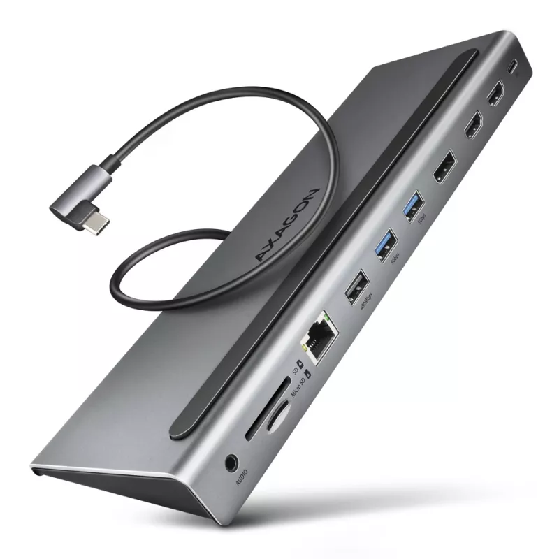 Docking stotelė Axagon HMC-4KX3 USB-C 5Gbps šakotuvas, 3x USB-A, 2x HDMI, DP, RJ-45, SD/microSD, garsas, PD 100W, kabelis 40cm