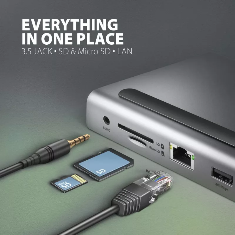 Docking stotelė Axagon HMC-4KX3 USB-C 5Gbps šakotuvas, 3x USB-A, 2x HDMI, DP, RJ-45, SD/microSD, garsas, PD 100W, kabelis 40cm