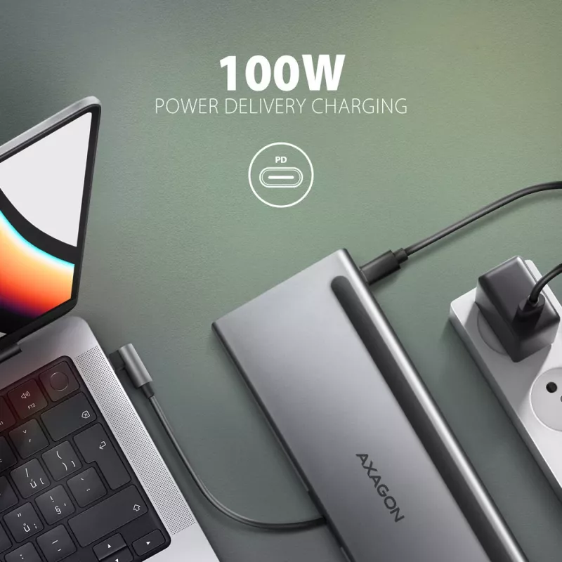 Docking stotelė Axagon HMC-4KX3 USB-C 5Gbps šakotuvas, 3x USB-A, 2x HDMI, DP, RJ-45, SD/microSD, garsas, PD 100W, kabelis 40cm