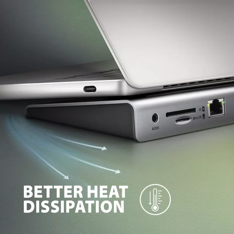 Docking stotelė Axagon HMC-4KX3 USB-C 5Gbps šakotuvas, 3x USB-A, 2x HDMI, DP, RJ-45, SD/microSD, garsas, PD 100W, kabelis 40cm