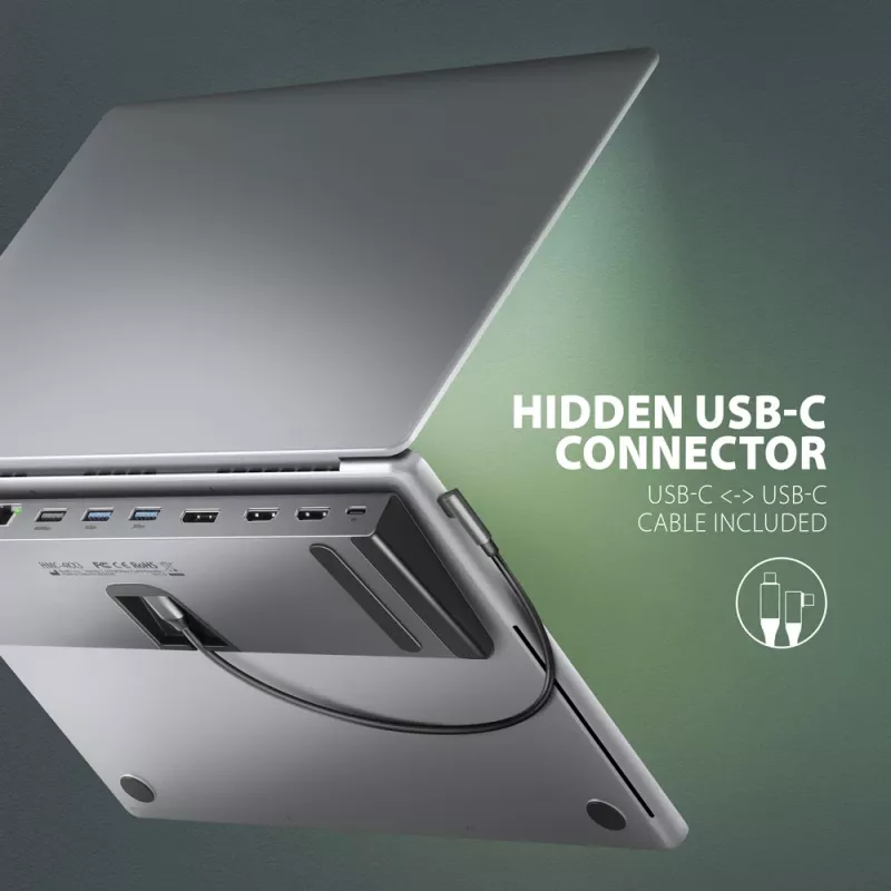 Docking stotelė Axagon HMC-4KX3 USB-C 5Gbps šakotuvas, 3x USB-A, 2x HDMI, DP, RJ-45, SD/microSD, garsas, PD 100W, kabelis 40cm