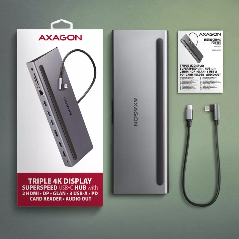 Docking stotelė Axagon HMC-4KX3 USB-C 5Gbps šakotuvas, 3x USB-A, 2x HDMI, DP, RJ-45, SD/microSD, garsas, PD 100W, kabelis 40cm