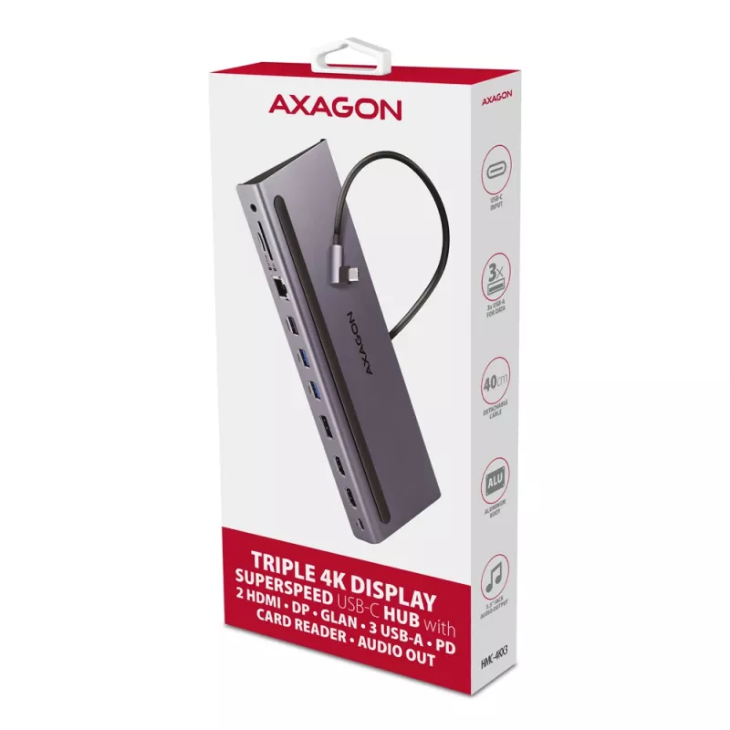 Docking stotelė Axagon HMC-4KX3 USB-C 5Gbps šakotuvas, 3x USB-A, 2x HDMI, DP, RJ-45, SD/microSD, garsas, PD 100W, kabelis 40cm