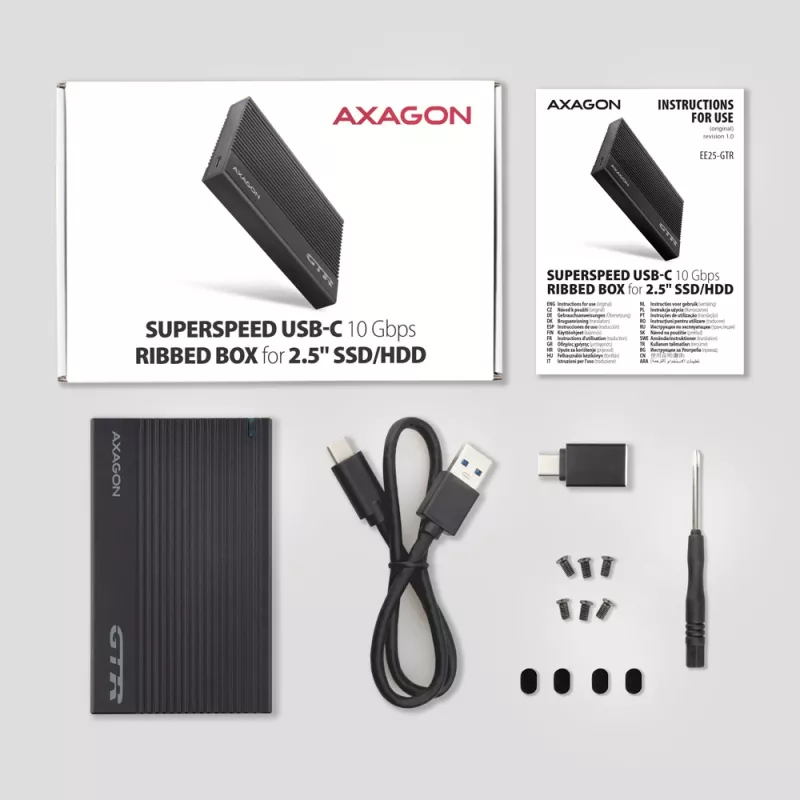 Išorinis HDD/SSD dėklas Axagon EE25-GTR USB-C 3.2 Gen 2 Juodas 2,5 colio