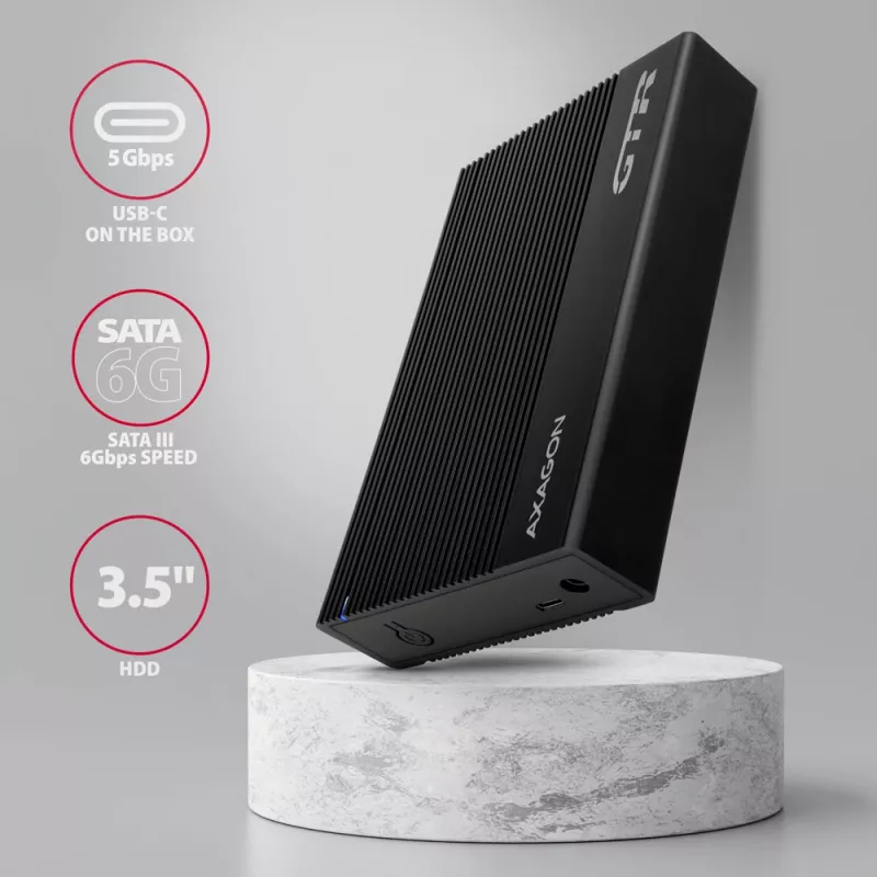 Axagon EE35-GTR USB-C 5Gbps - SATA 6G, 3.5 RIBBED box BLACK - USB Typ C HDD korpusas 3.5 colio