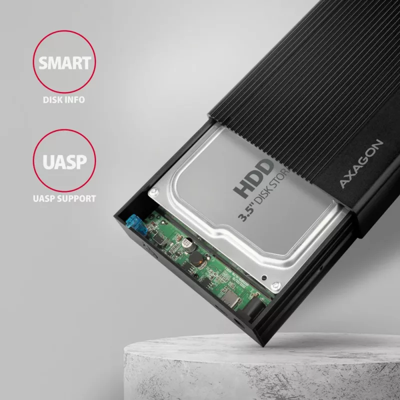 Axagon EE35-GTR USB-C 5Gbps - SATA 6G, 3.5 RIBBED box BLACK - USB Typ C HDD korpusas 3.5 colio