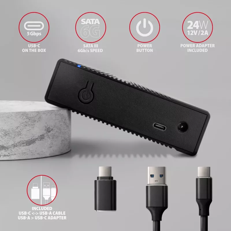 Axagon EE35-GTR USB-C 5Gbps - SATA 6G, 3.5 RIBBED box BLACK - USB Typ C HDD korpusas 3.5 colio