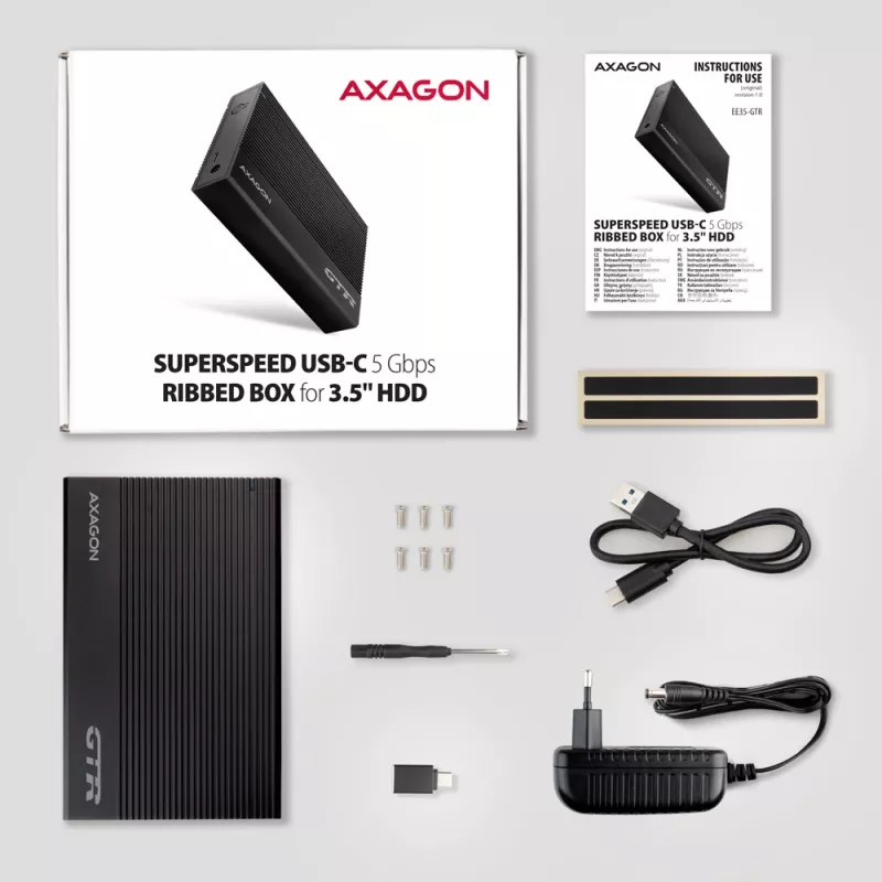 Axagon EE35-GTR USB-C 5Gbps - SATA 6G, 3.5 RIBBED box BLACK - USB Typ C HDD korpusas 3.5 colio