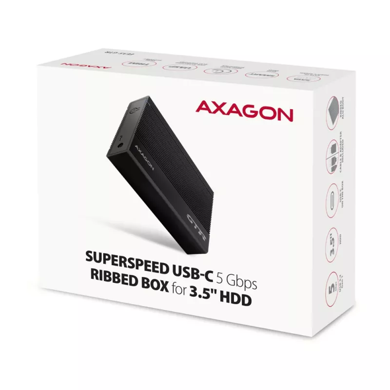 Axagon EE35-GTR USB-C 5Gbps - SATA 6G, 3.5 RIBBED box BLACK - USB Typ C HDD korpusas 3.5 colio