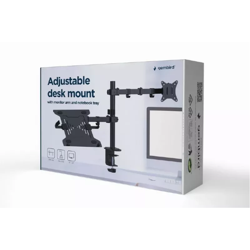 Monitor mount stand Gembird MA-DA-03 for 32 inch screens, desk clamp/grommet, dual-arm, VESA 75x75–100x100, black