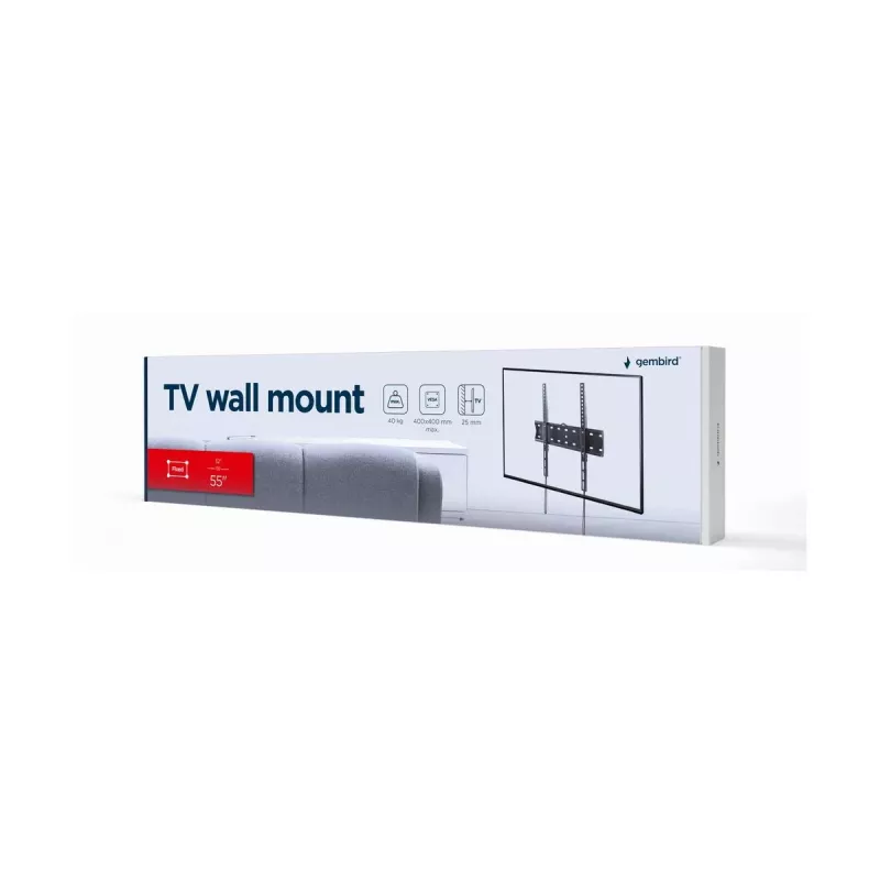 TV laikiklis Gembird WM-55F-02 juodas, 32–55 colių ekranams, maks. apkrova 40 kg, VESA 200x200–400x400, plonas 2,5 cm