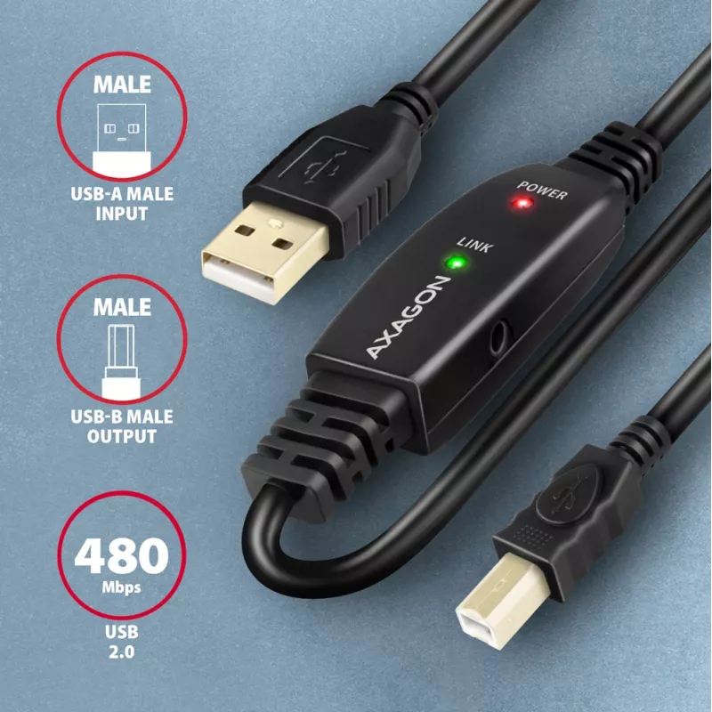 Axagon ADR-215B USB 2.0 A-M -> B-M aktyvus jungiamasis / kartotuvo kabelis 15 m
