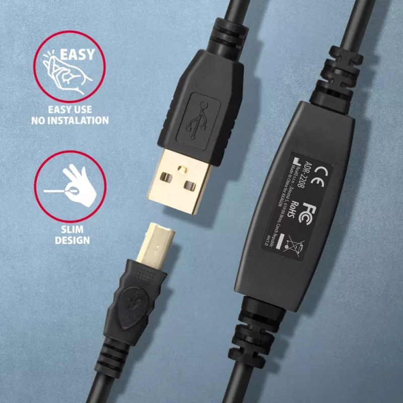 Axagon ADR-220B USB 2.0 A-M -> B-M aktyvus jungiamasis / kartotuvas kabelis 20 m