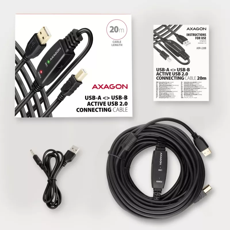 Axagon ADR-220B USB 2.0 A-M -> B-M aktyvus jungiamasis / kartotuvas kabelis 20 m