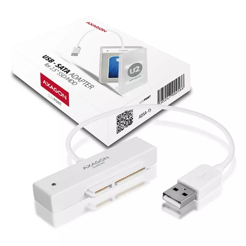 Axagon ADSA-1S USB 2.0 - 2,5 colio HDD SATA, HDD/SSD korpusas, 2,5 colio, Serial ATA, Serial ATA II, Serial ATA III, 0,48 Gbit/s, USB jungtis, balta