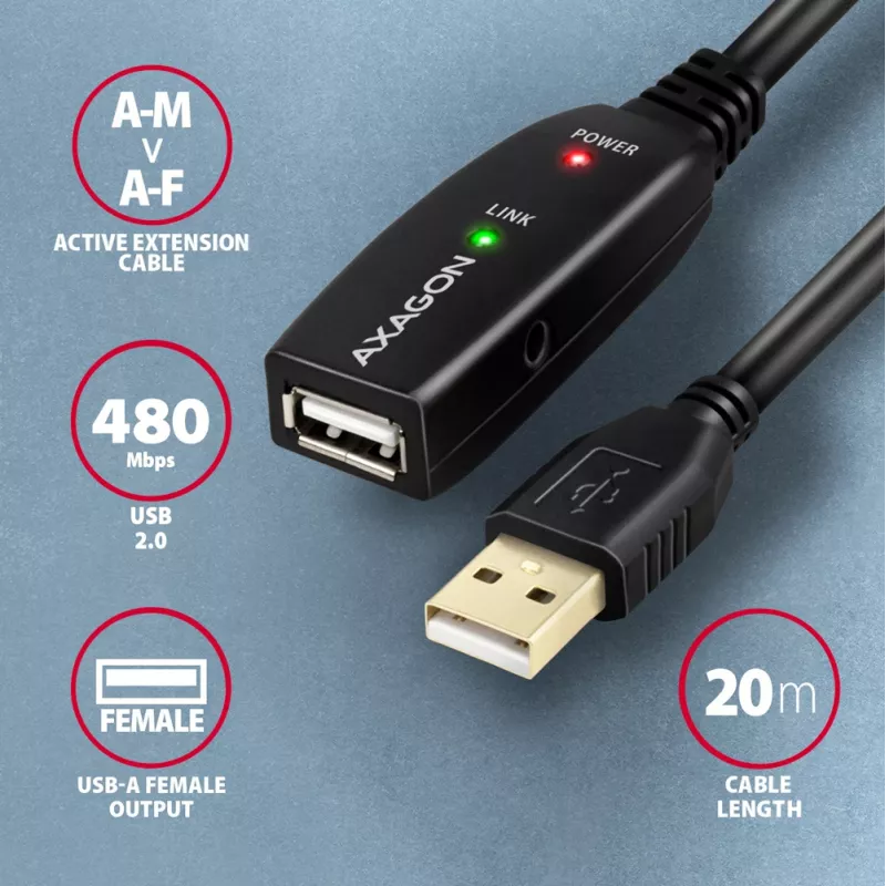 Axagon ADR-220 USB 2.0 A-M -> A-F aktyvusis ilginimo kartotuvo kabelis 20 m