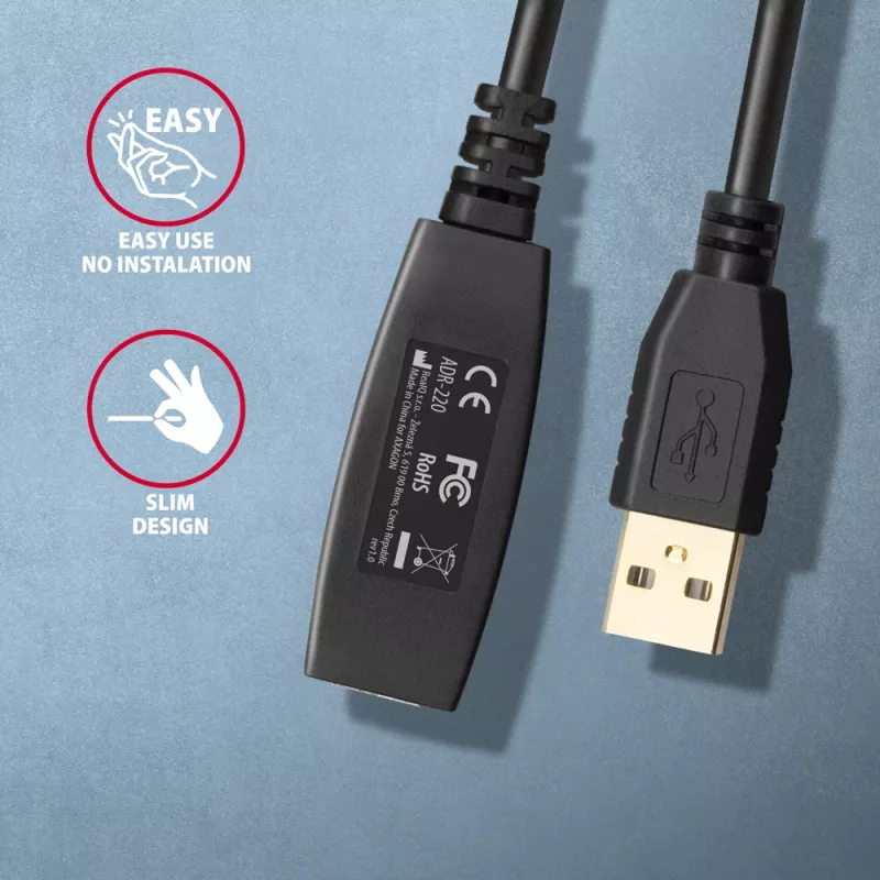 Axagon ADR-220 USB 2.0 A-M -> A-F aktyvusis ilginimo kartotuvo kabelis 20 m