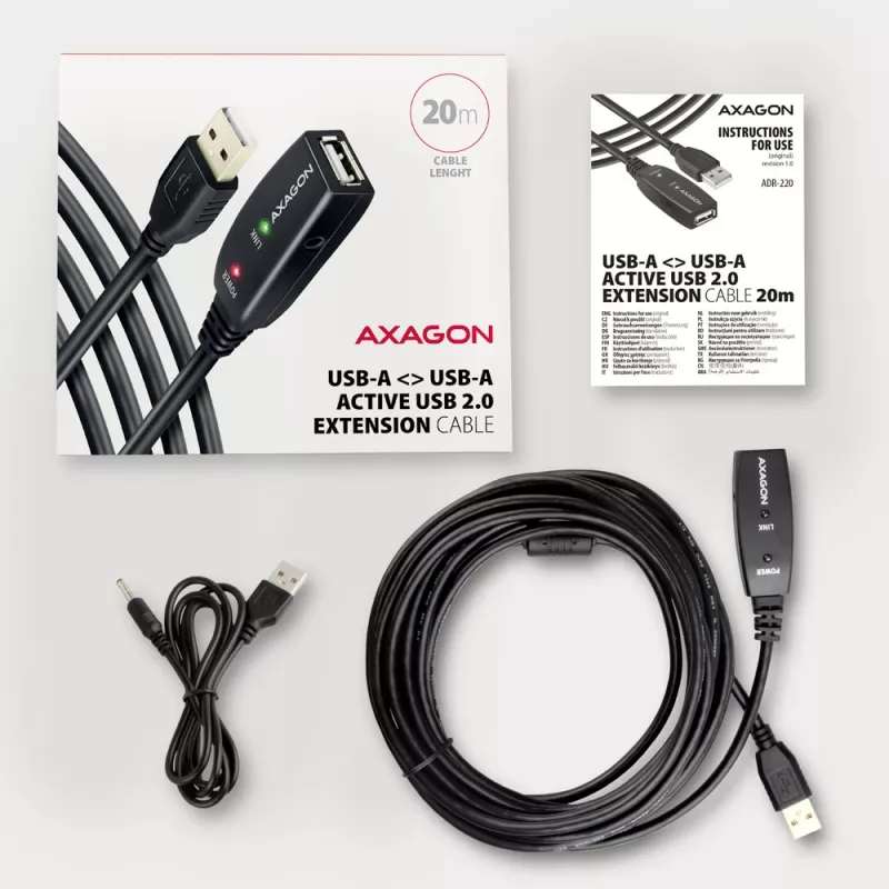 Axagon ADR-220 USB 2.0 A-M -> A-F aktyvusis ilginimo kartotuvo kabelis 20 m