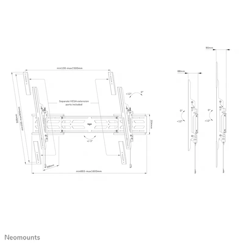 Neomounts WL35S-950BL19 Sunkiosios apkrovos sieninis laikiklis 55-115 colių - pasukamas - užrakinamas - gulsčias ir vertikalus