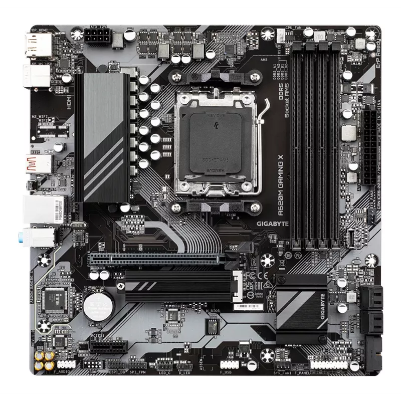GIGABYTE A620M GAMING X pagrindinė plokštė – palaiko AMD Ryzen 8000 procesorius, 8+2+1 fazių skaitmeninis VRM, iki 8000 MHz DDR5 (OC), 1xPCIe 4.0 M.2, GbE LAN, USB 3.2 Gen 2