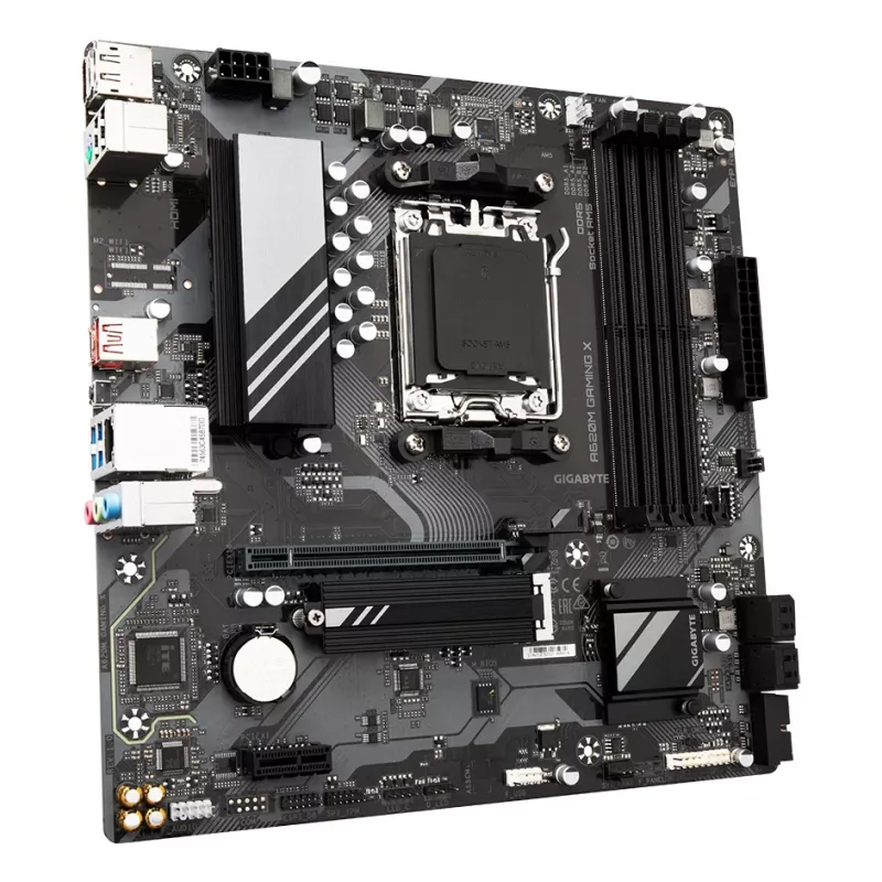 GIGABYTE A620M GAMING X pagrindinė plokštė – palaiko AMD Ryzen 8000 procesorius, 8+2+1 fazių skaitmeninis VRM, iki 8000 MHz DDR5 (OC), 1xPCIe 4.0 M.2, GbE LAN, USB 3.2 Gen 2
