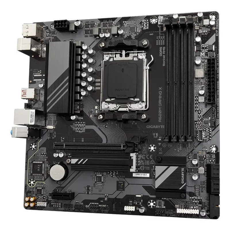GIGABYTE A620M GAMING X pagrindinė plokštė – palaiko AMD Ryzen 8000 procesorius, 8+2+1 fazių skaitmeninis VRM, iki 8000 MHz DDR5 (OC), 1xPCIe 4.0 M.2, GbE LAN, USB 3.2 Gen 2