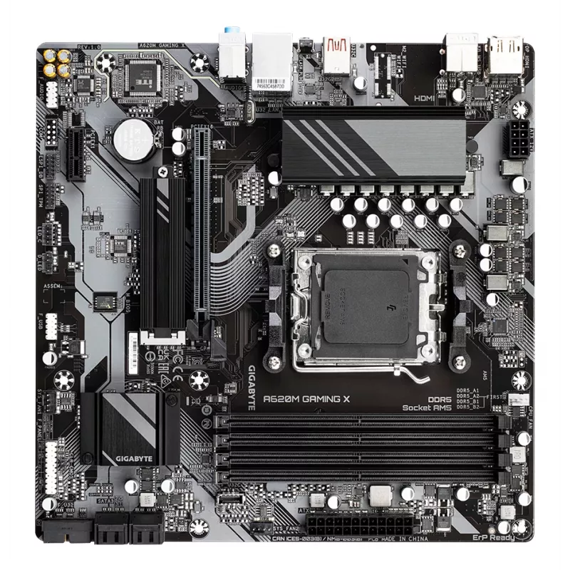 GIGABYTE A620M GAMING X pagrindinė plokštė – palaiko AMD Ryzen 8000 procesorius, 8+2+1 fazių skaitmeninis VRM, iki 8000 MHz DDR5 (OC), 1xPCIe 4.0 M.2, GbE LAN, USB 3.2 Gen 2