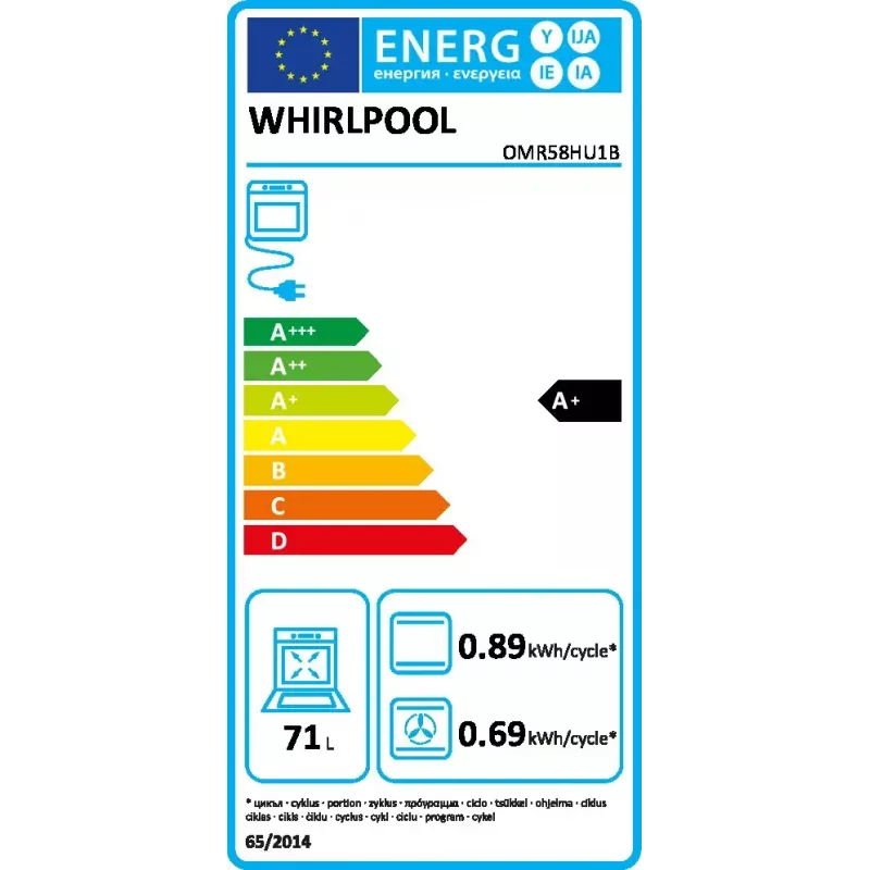 Įmontuojama elektrinė orkaitė WHIRLPOOL OMR58HU1B — 71 L, A+, hidrolitinis savaiminis valymas, konvekcija, grilis, ištraukiami bėgeliai