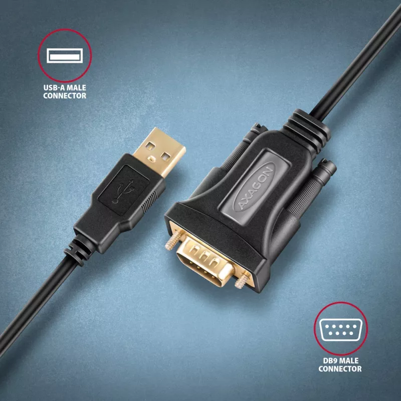 Axagon ADS-1PQN USB-A 2.0 - serijinis RS-232 DB9-M FTDI adapterio kabelis