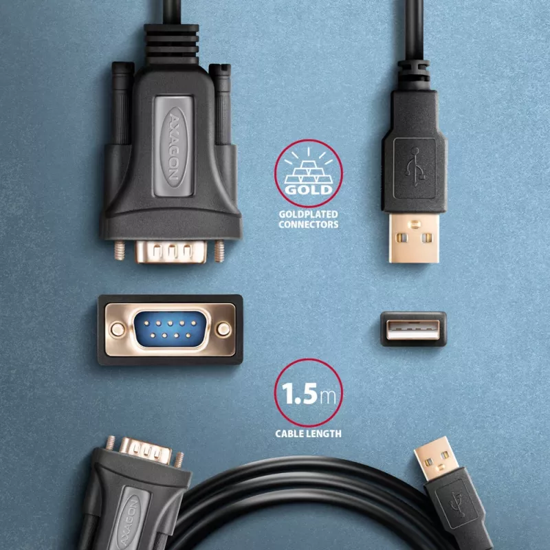 Axagon ADS-1PQN USB-A 2.0 - serijinis RS-232 DB9-M FTDI adapterio kabelis