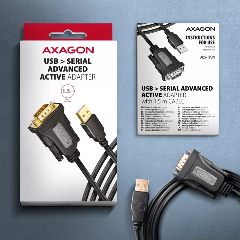 Axagon ADS-1PQN USB-A 2.0 - serijinis RS-232 DB9-M FTDI adapterio kabelis