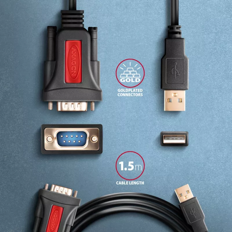 Axagon ADS-1PSN USB-A 2.0 - serial RS-232 DB9-M Prolific adapterio kabelis 1,5 m