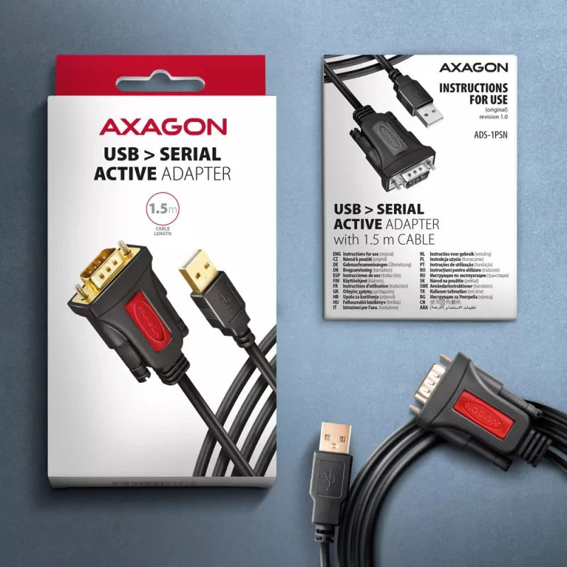Axagon ADS-1PSN USB-A 2.0 - serial RS-232 DB9-M Prolific adapterio kabelis 1,5 m