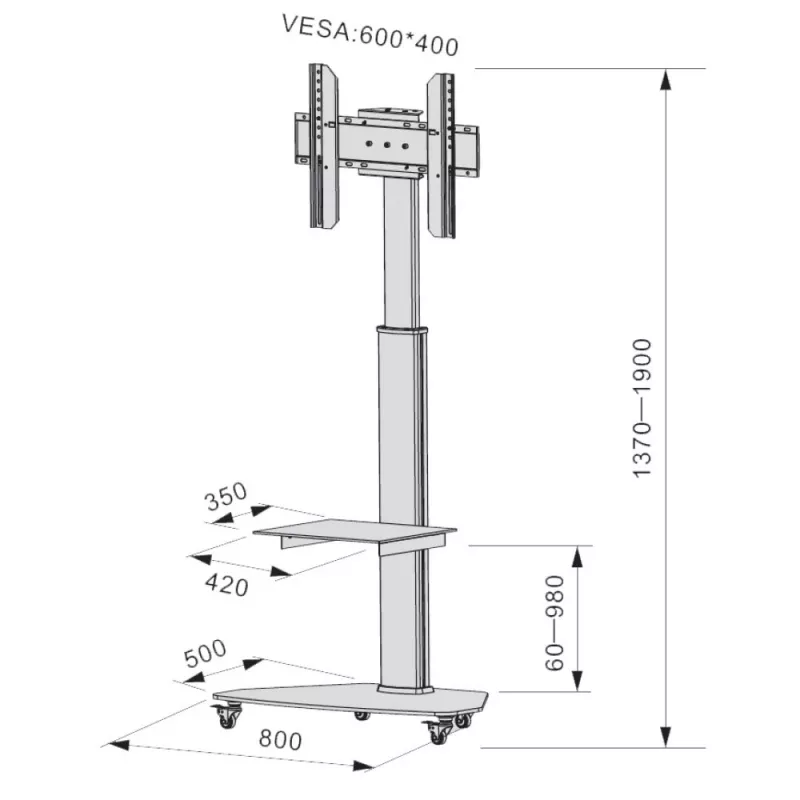 Techly Grindinis stovas su lentyna ir vežimėliu TV LCD/LED/Plasma 37-70 colių sidabrinis