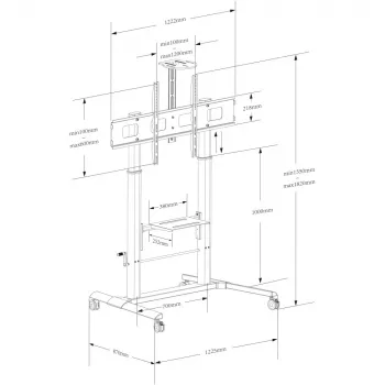 Multimedijos vežimėlis TECHLY ICA-TR230 juodas plokščiajam ekranui iki 110 colių, VESA 900x600, aukštis 1850 mm, apkrova 120 kg